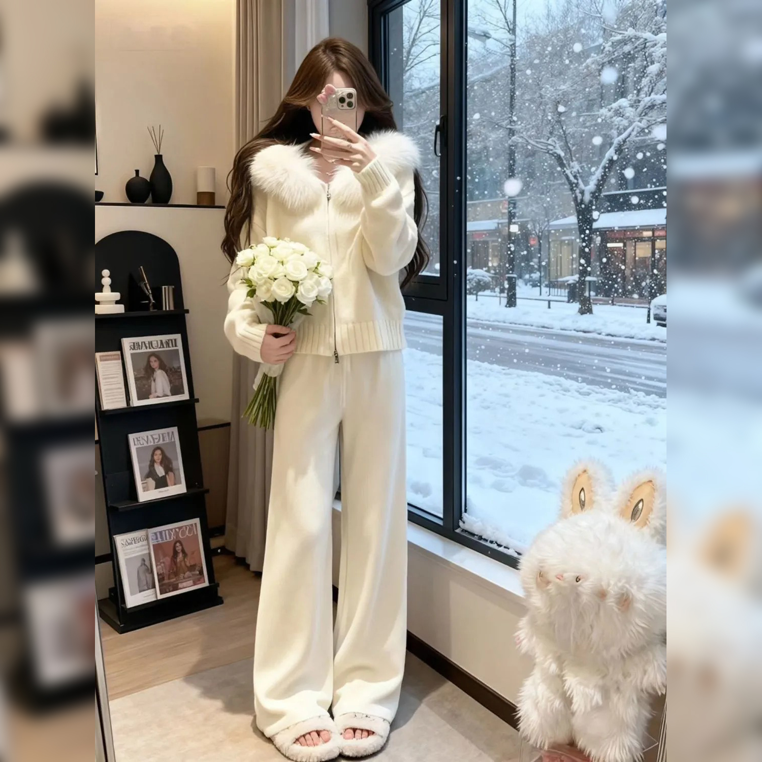 【單件/套裝】寬鬆慵懶風毛領連帽拉鏈開衫+百搭顯瘦闊腿褲兩件套裝