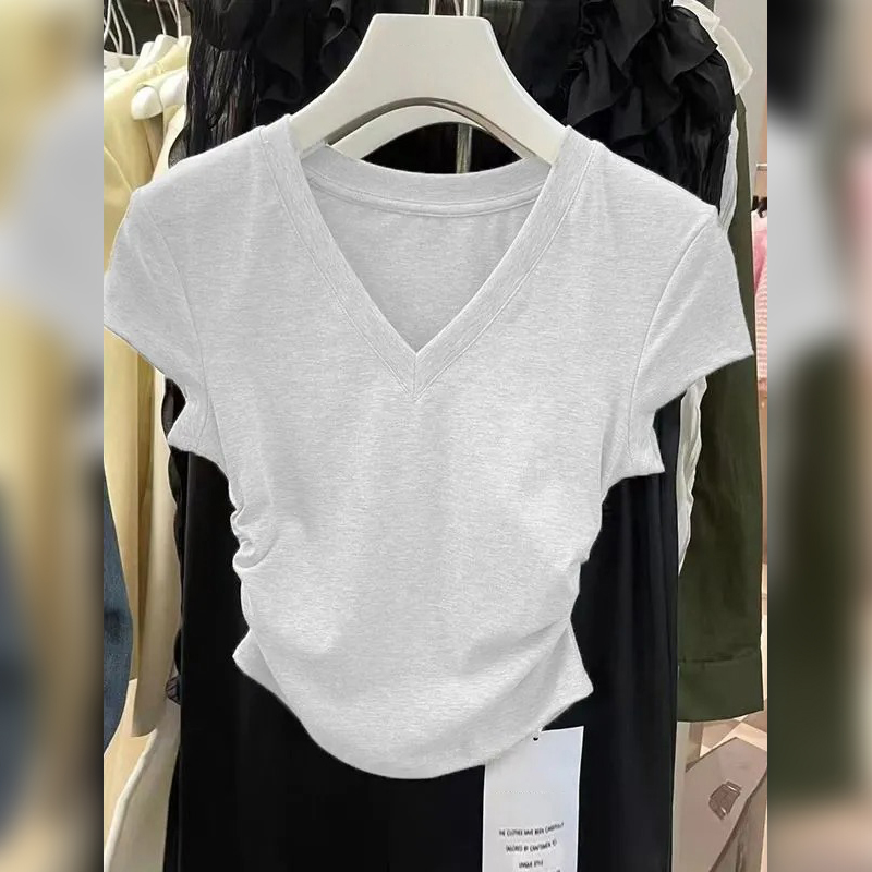 必入款設計感顯瘦褶皺V領正肩短袖T恤