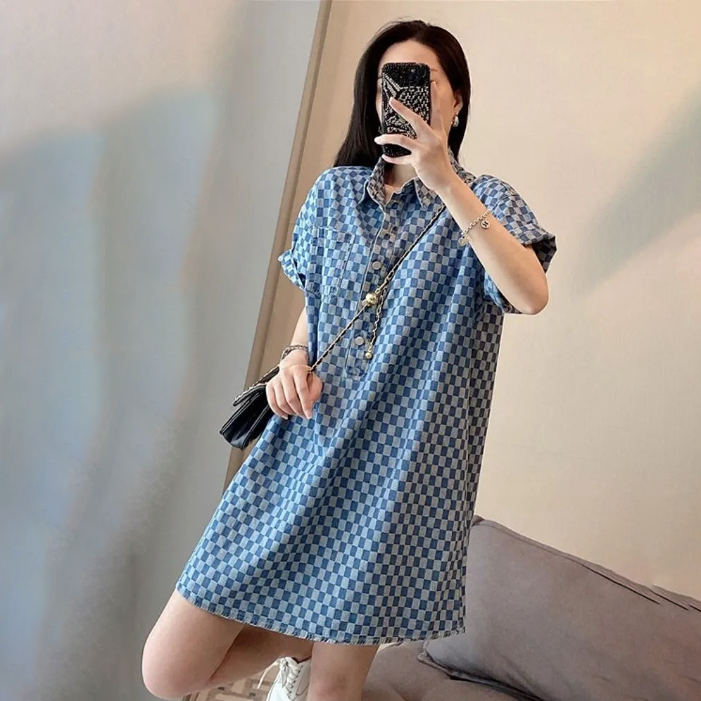 韓版休閒寬鬆遮肚POLO領棋盤格短袖洋裝