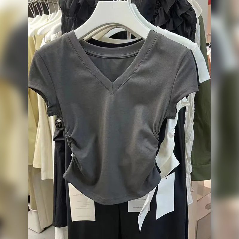 必入款設計感顯瘦褶皺V領正肩短袖T恤
