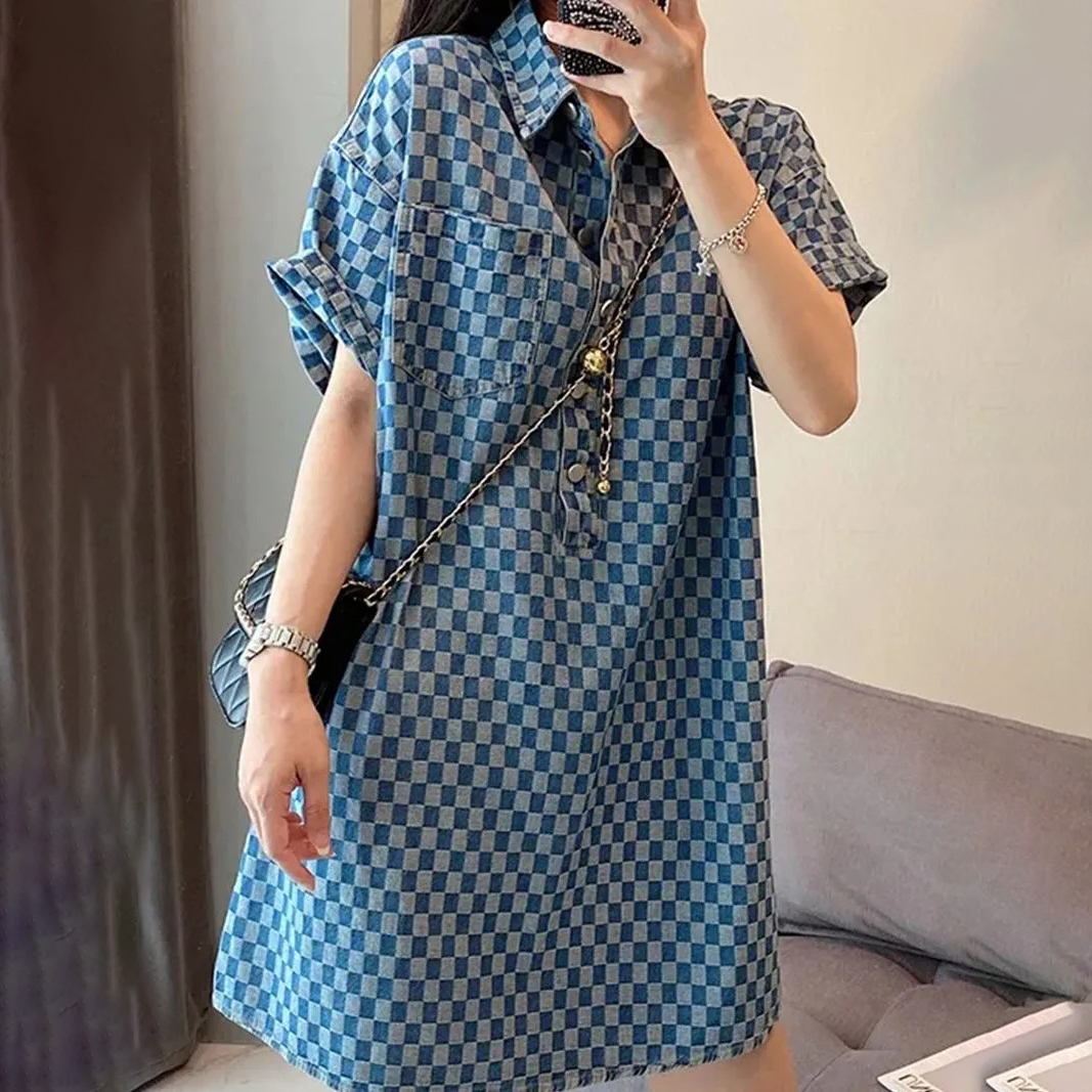 韓版休閒寬鬆遮肚POLO領棋盤格短袖洋裝