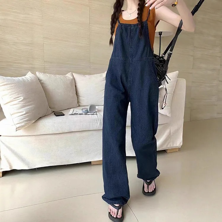 氣質吊帶顯瘦闊腿薄款高腰連體牛仔背帶褲