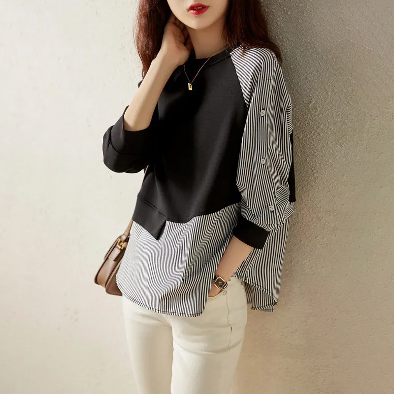 不對稱條紋拼接蝙蝠廓形寬鬆圓領衛衣-HaloBless