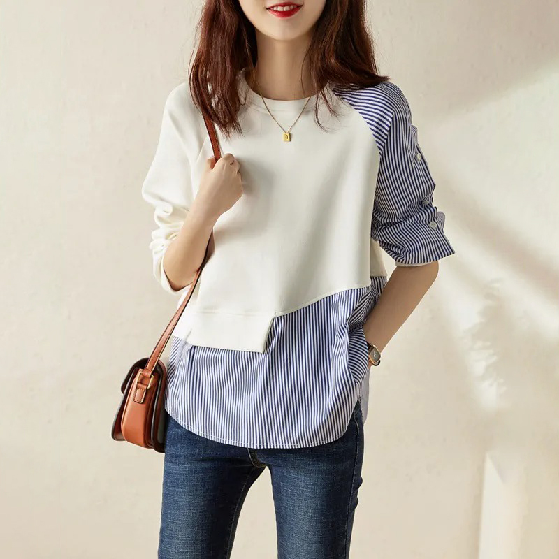 不對稱條紋拼接蝙蝠廓形寬鬆圓領衛衣-HaloBless