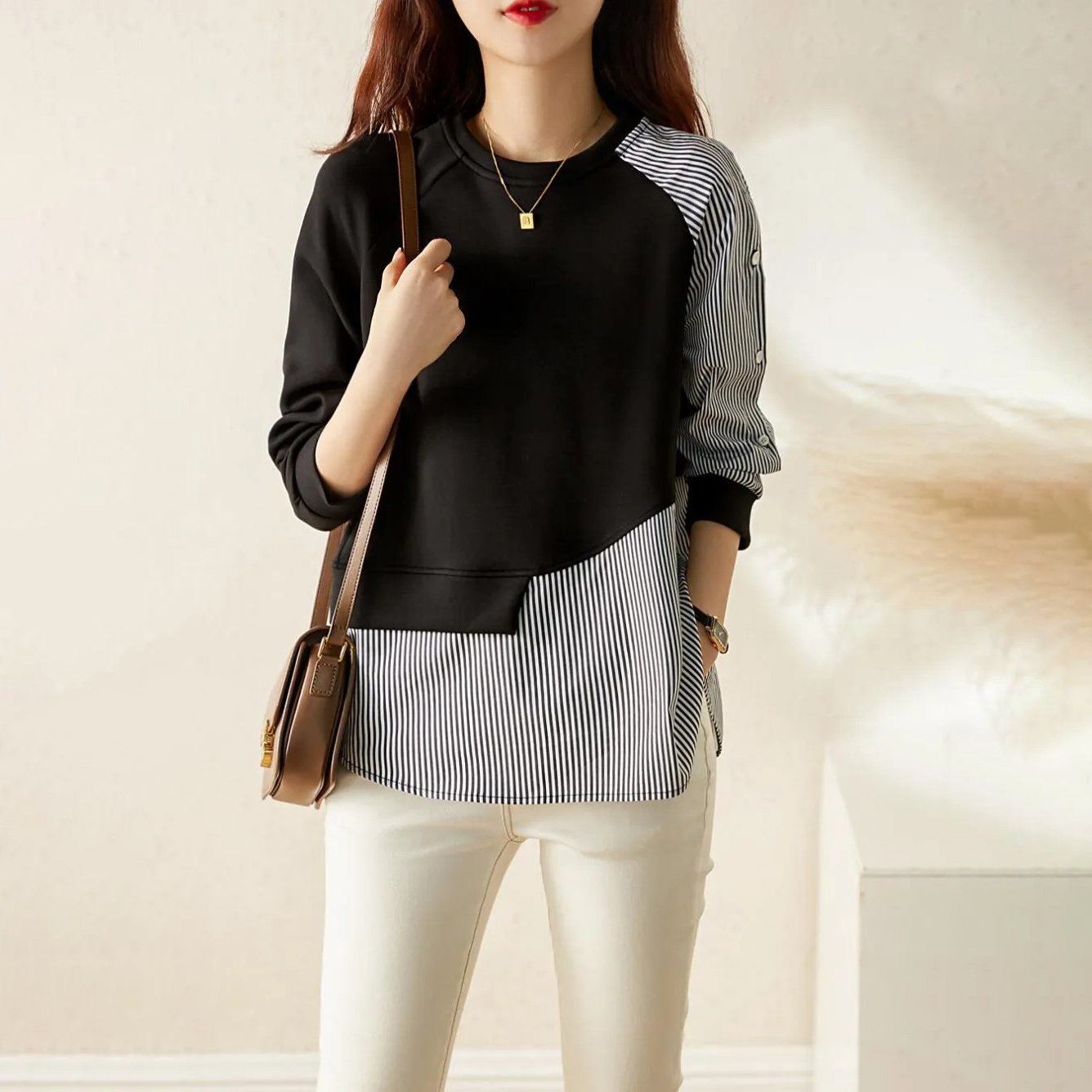 不對稱條紋拼接蝙蝠廓形寬鬆圓領衛衣-HaloBless