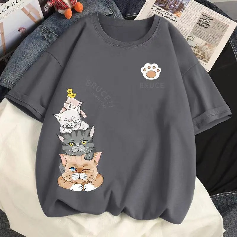 百搭情侶款可愛潮流貓咪印花短袖T恤-HaloBless