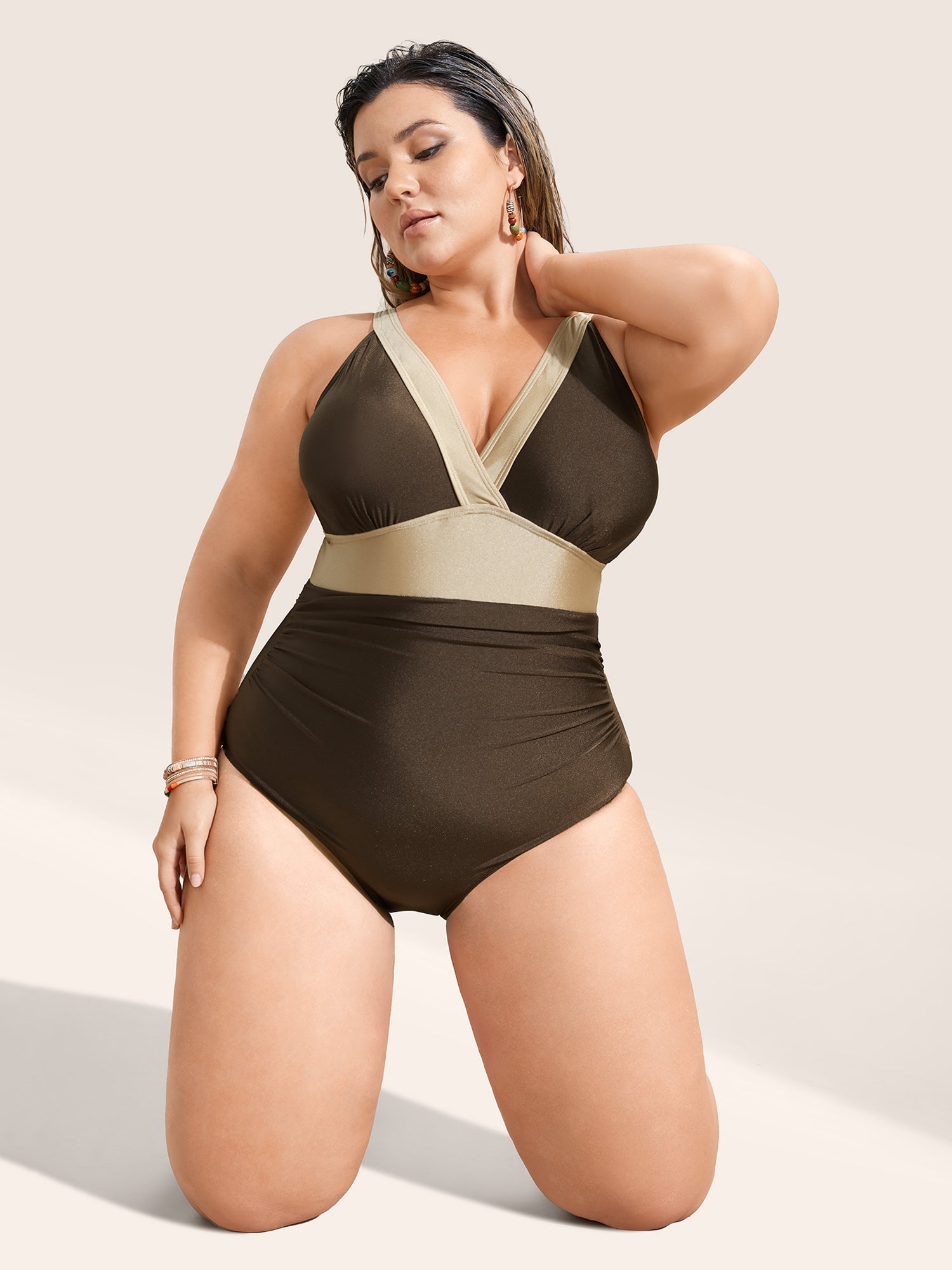 Two Tone Wrap Ruched One Piece Swimsuit