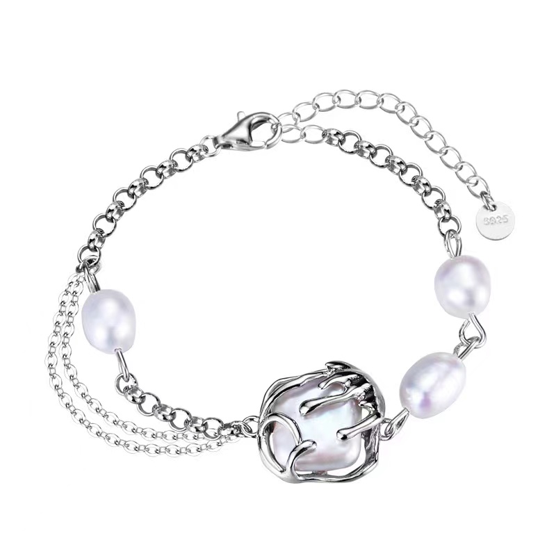 925 sterling silver bracelet,925 silver bracelet,silver chain bracelet,Baroque pearl bracelet