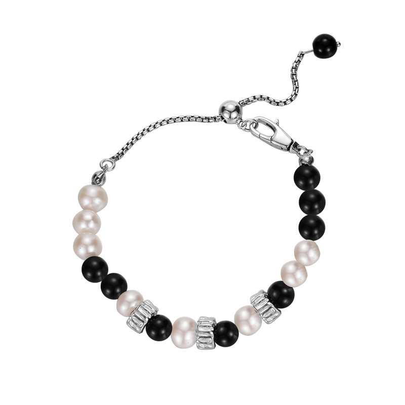Voguebling Sterling Silver Bracelet with Freshwater Pearl and Black Obsidian,forever bracelet

