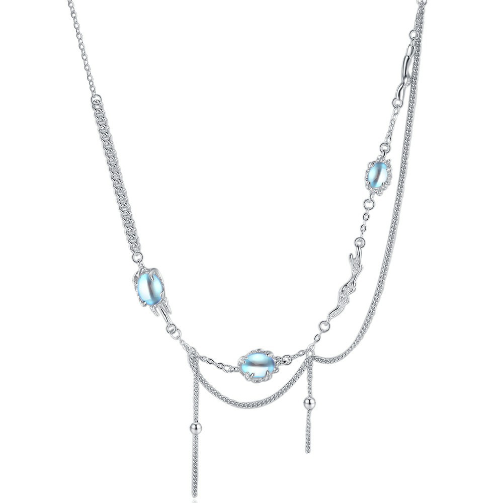 Voguebling Sterling Silver Necklace with Inlaid Moonstone,silver necklace for women