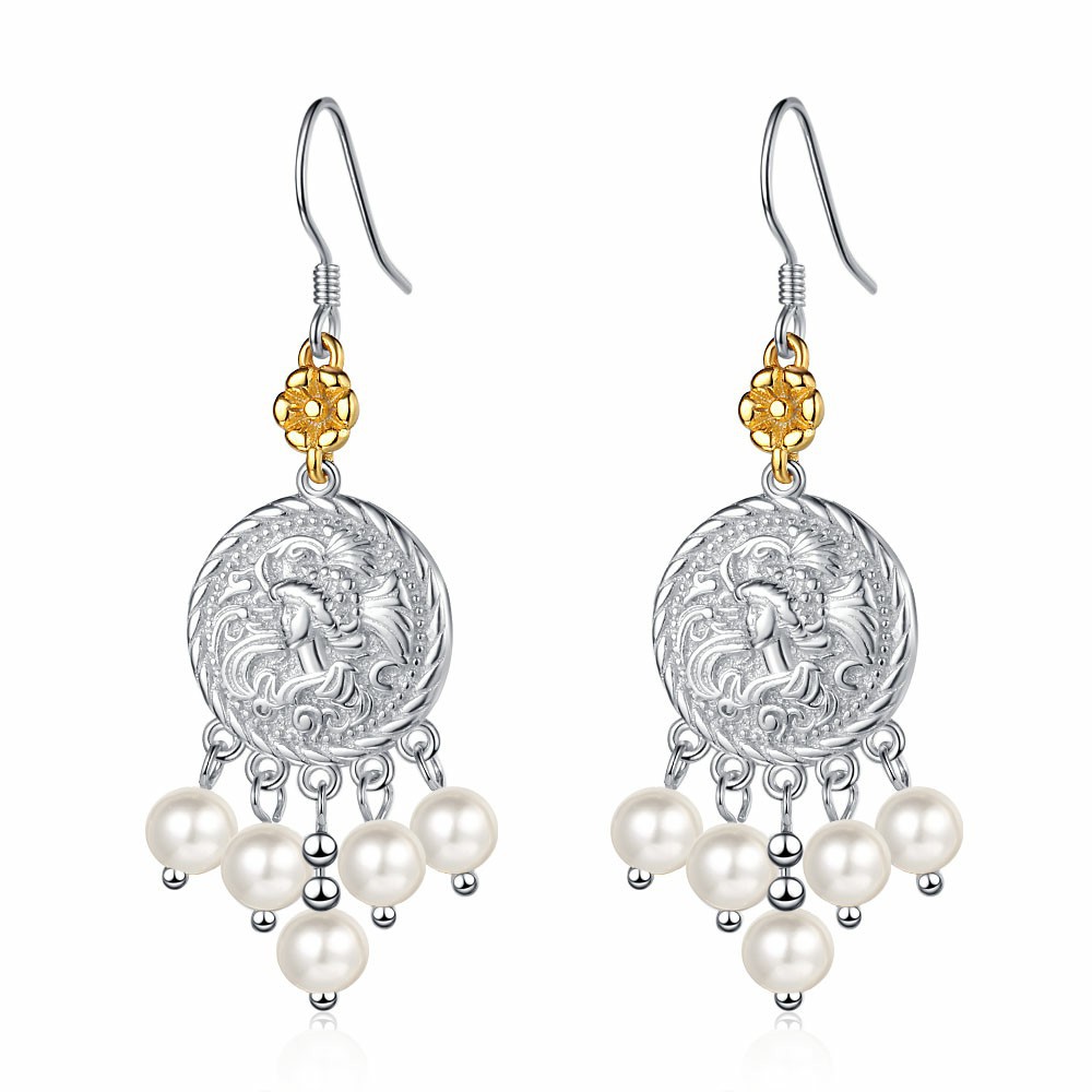 S925 Silver Earrings with Unique Portrait Design and Freshwater Pearls,pearl drop earrings,silver earrings