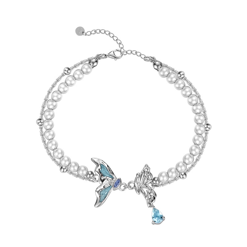 Sterling Silver Enamel Butterfly Pearl Bracelet,silver bracelet,silver bracelets

