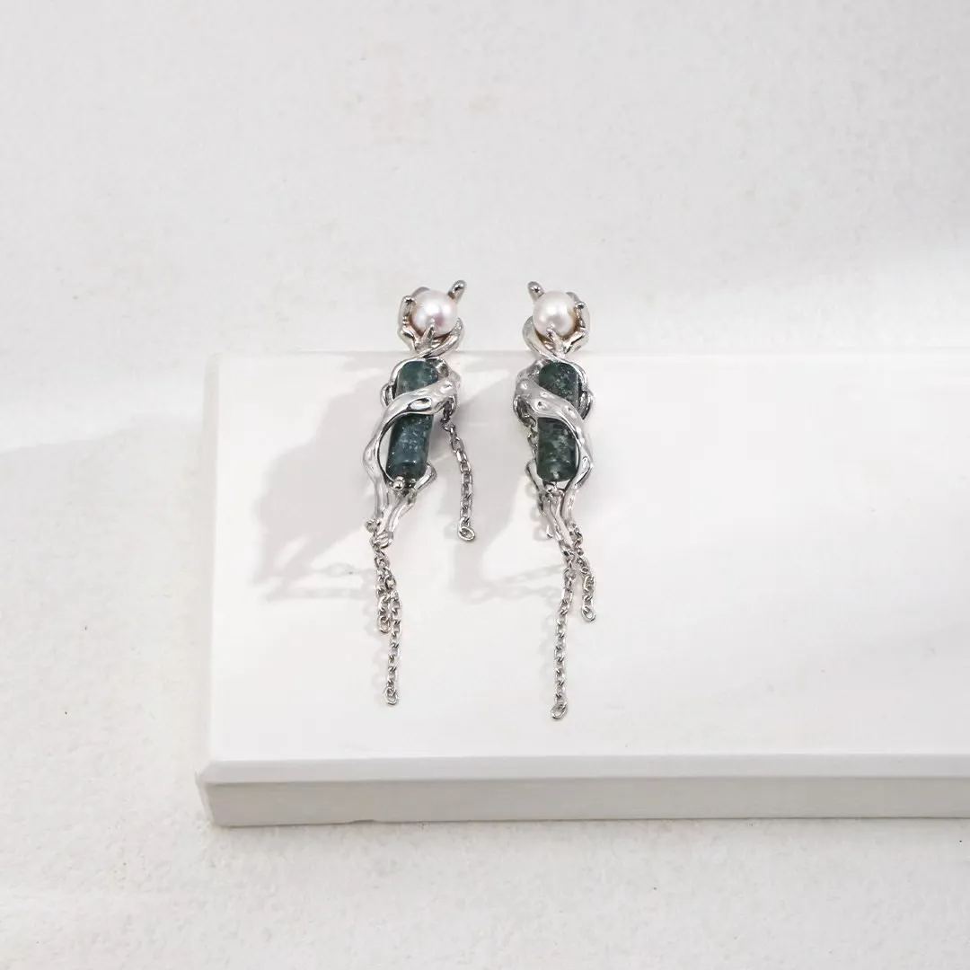 Agate Earrings、moss agate earrings、natural pearl drop earrings