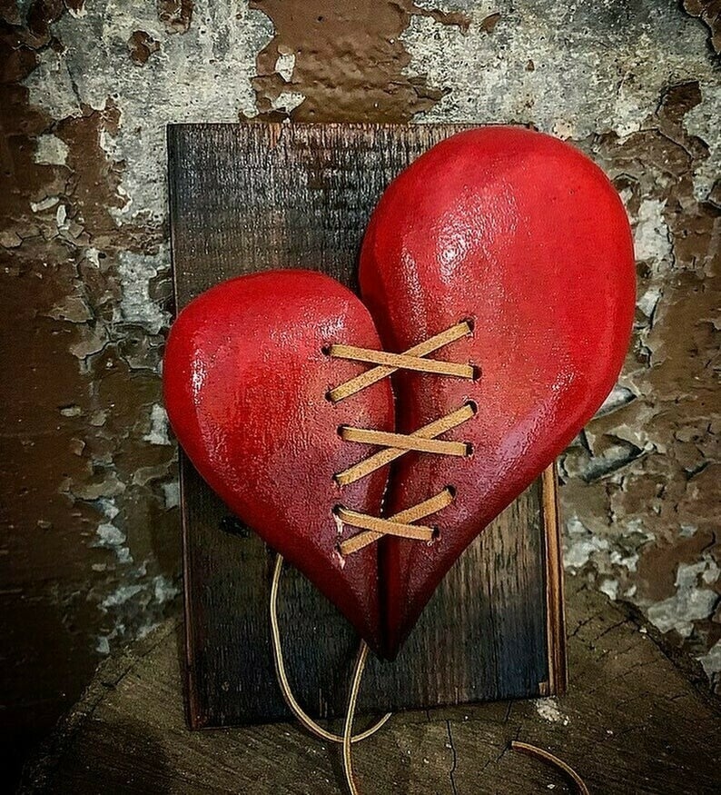 Wood Broken Heart leather stitched wood sculpture wall decor gift