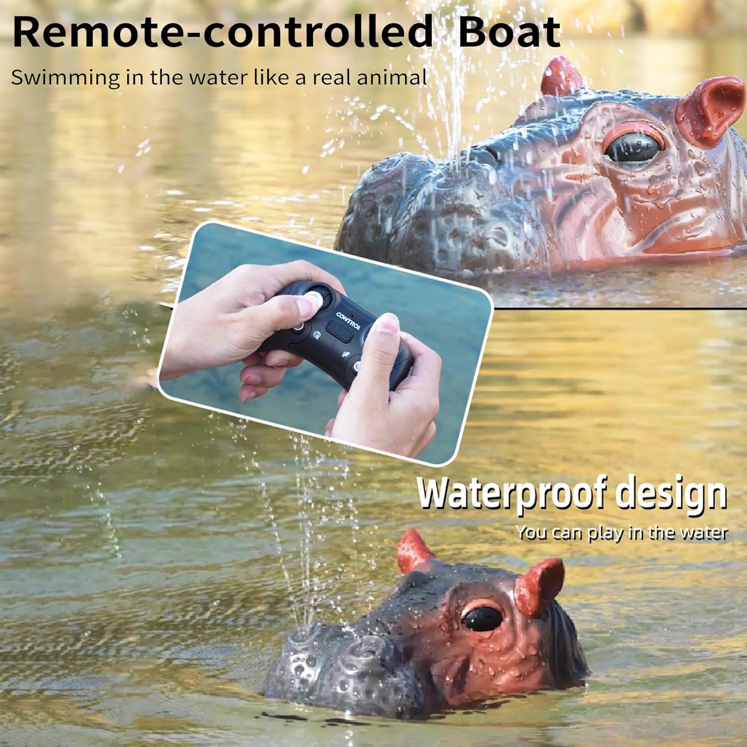 GoolRC RC Boat for Kids, Hippo Remote Control Boat for Lake River & Pool, 2.4GHz Simulation Hippopotamus Head Electric Boat Spoof Toy with Spray Water for Boys and Girls
