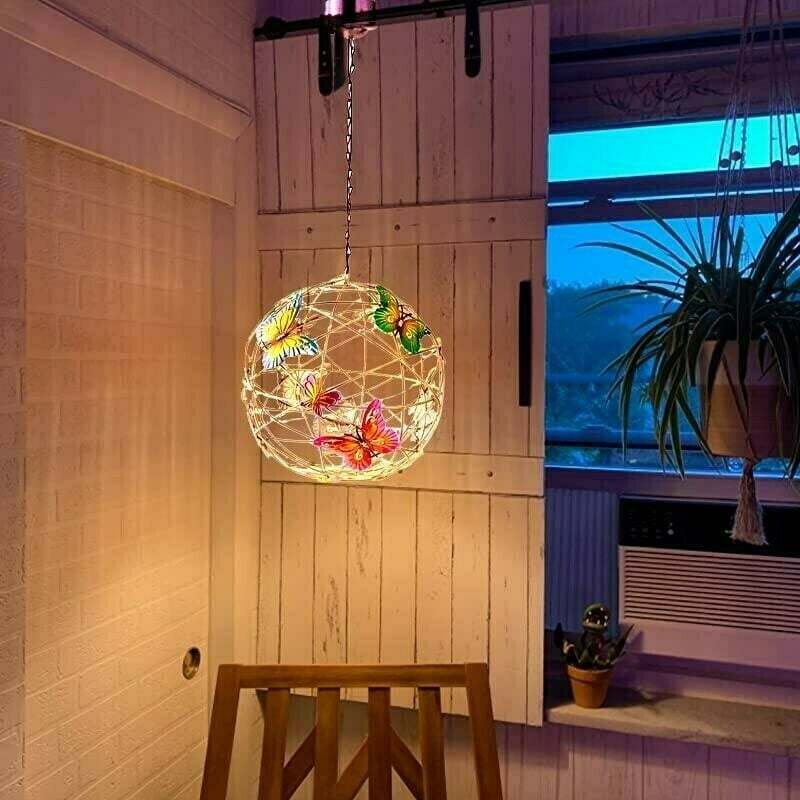 Solar Lighted Hanging Mesh Orb with Colorful Butterflies✨