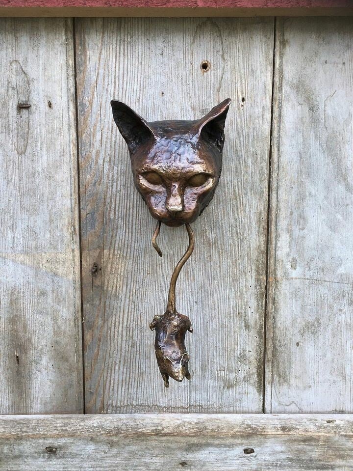 CAT AND MOUSE DOOR KNOCKER BRONZE SCULPTURE