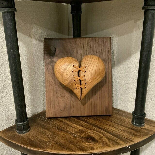 Wood Broken Heart leather stitched wood sculpture wall decor gift