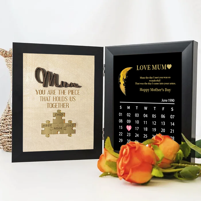 Mum We Love You With REAL MOON PHASE Anniversary Calendar - Personalized Wooden Puzzle Sign