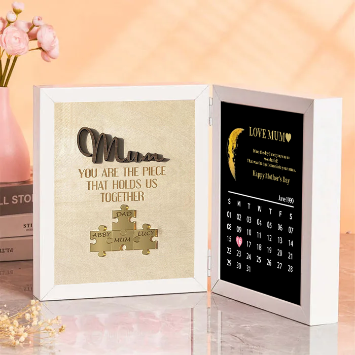 Mum We Love You With REAL MOON PHASE Anniversary Calendar - Personalized Wooden Puzzle Sign