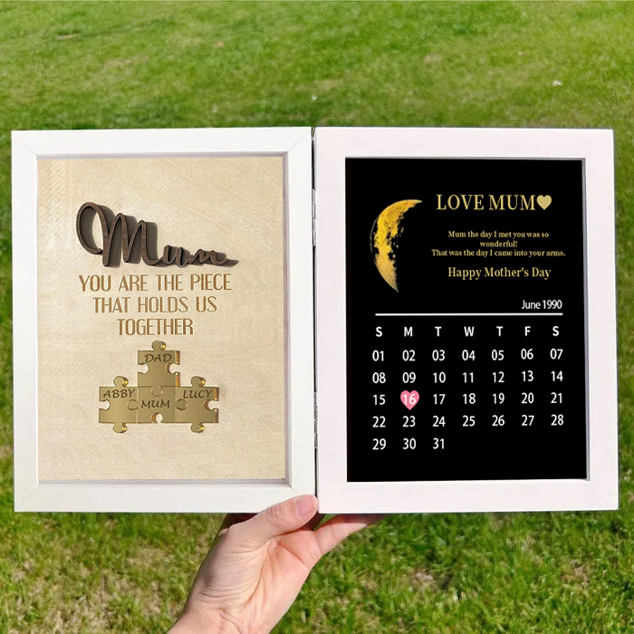 Mum We Love You With REAL MOON PHASE Anniversary Calendar - Personalized Wooden Puzzle Sign