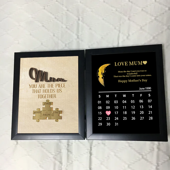 Mum We Love You With REAL MOON PHASE Anniversary Calendar - Personalized Wooden Puzzle Sign