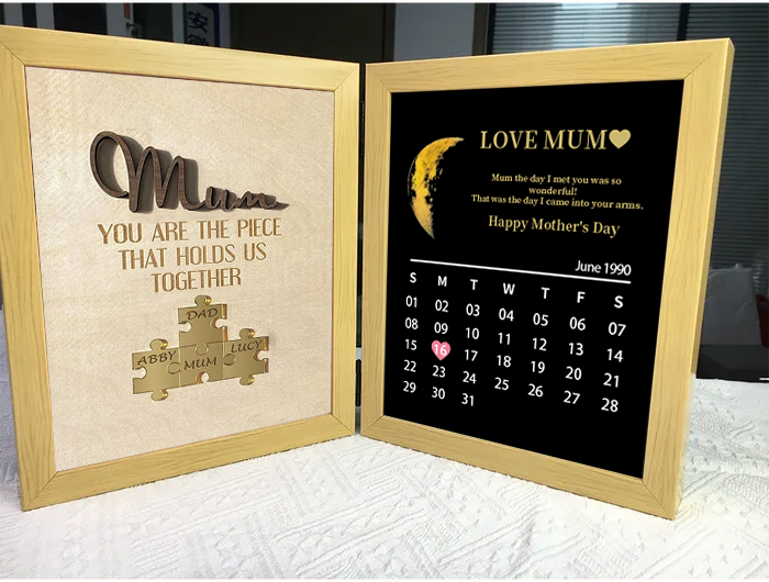 Mum We Love You With REAL MOON PHASE Anniversary Calendar - Personalized Wooden Puzzle Sign
