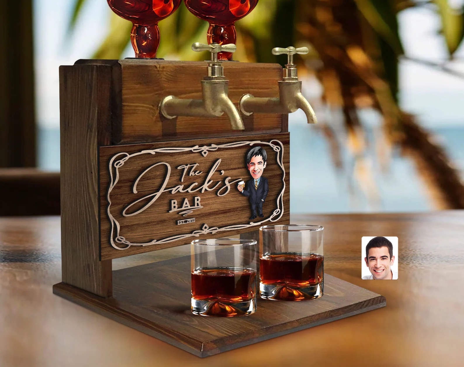 Personalized Cartoon Embossed Wooden Double Faucet Whiskey Dispenser, Bar, Home Bar, Pub and Pub Shed, Wine, Vodka Dispenser, Wood Fountain