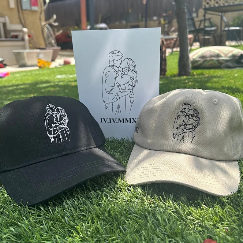 Line Art Portrait Embroidered with Roman Numerals Date on Dad Hat | Couples Embroidery Dad Hat