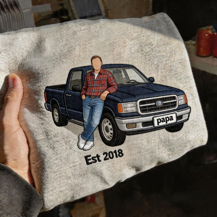 Personalized Dad Embroidered Sweatshirt with Family Portrait, Car & Custom Date