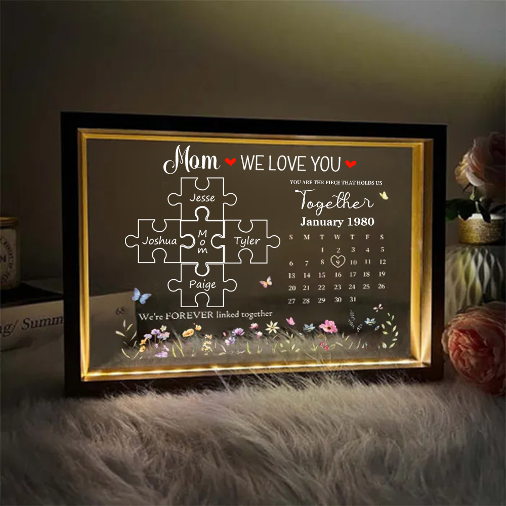 Personalized Mom WE LOVE YOU Puzzle Sign With Kids Names Led Light Frame