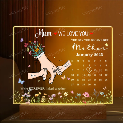 Family Love Blooms Forever – Personalised Mum & Grandma Led Light Wood Base With Text And Date