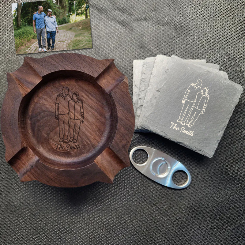 Personalized Dad Family Photo Line Design Walnut Cigar Ash Tray, Unique Gift for Cigar Lovers Family