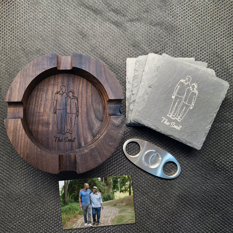 Personalized Dad Family Photo Line Design Walnut Cigar Ash Tray, Unique Gift for Cigar Lovers Family