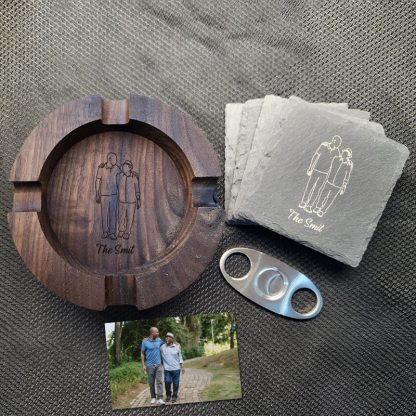 Personalized Dad Family Photo Line Design Walnut Cigar Ash Tray, Unique Gift for Cigar Lovers Family