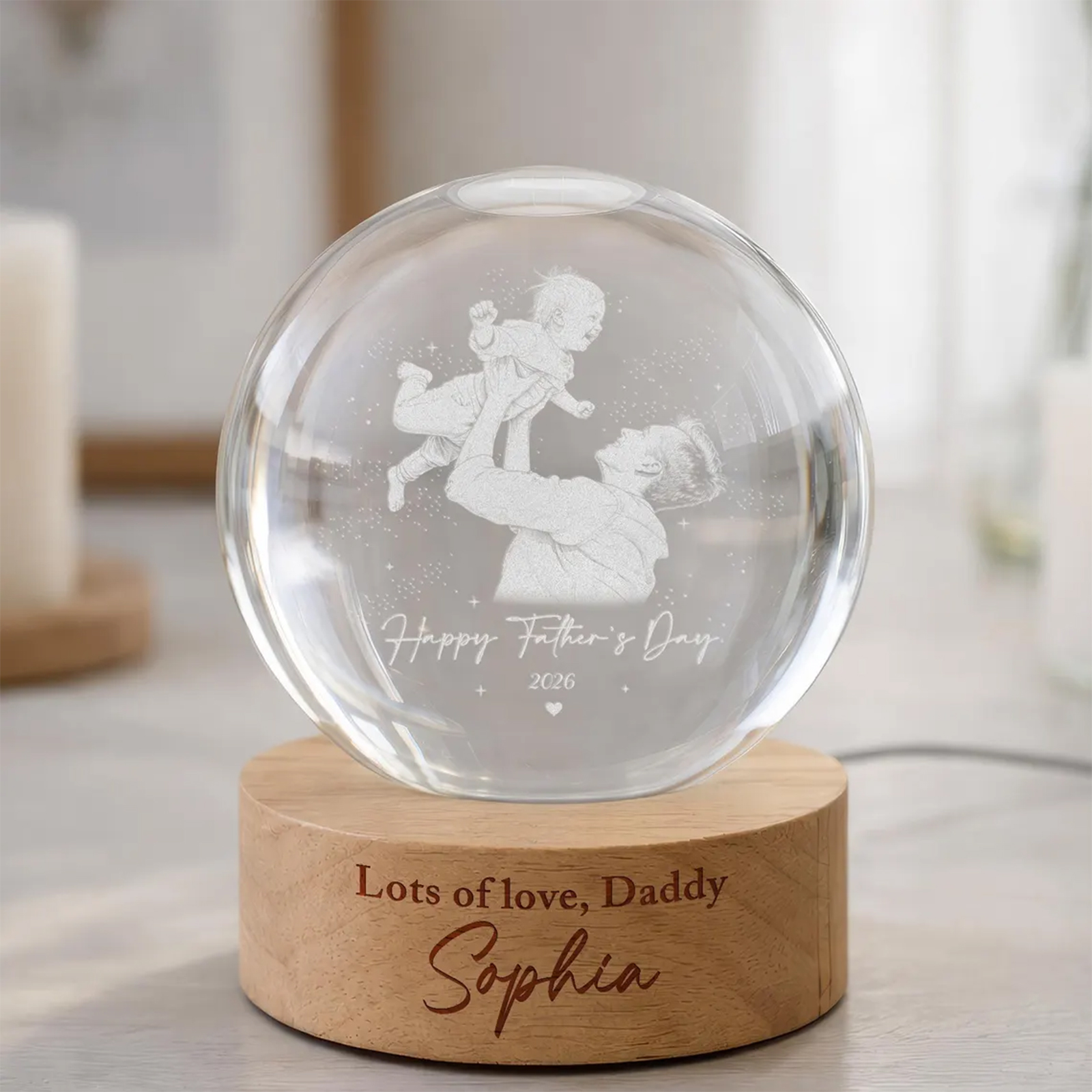 Personalized LED Light Gift For Dad, Custom Photo Crystal Ball Light Night