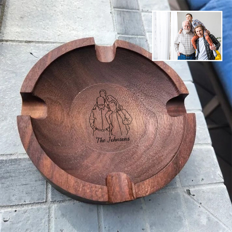 Personalized Dad Family Photo Line Design Walnut Cigar Ash Tray, Unique Gift for Cigar Lovers Family