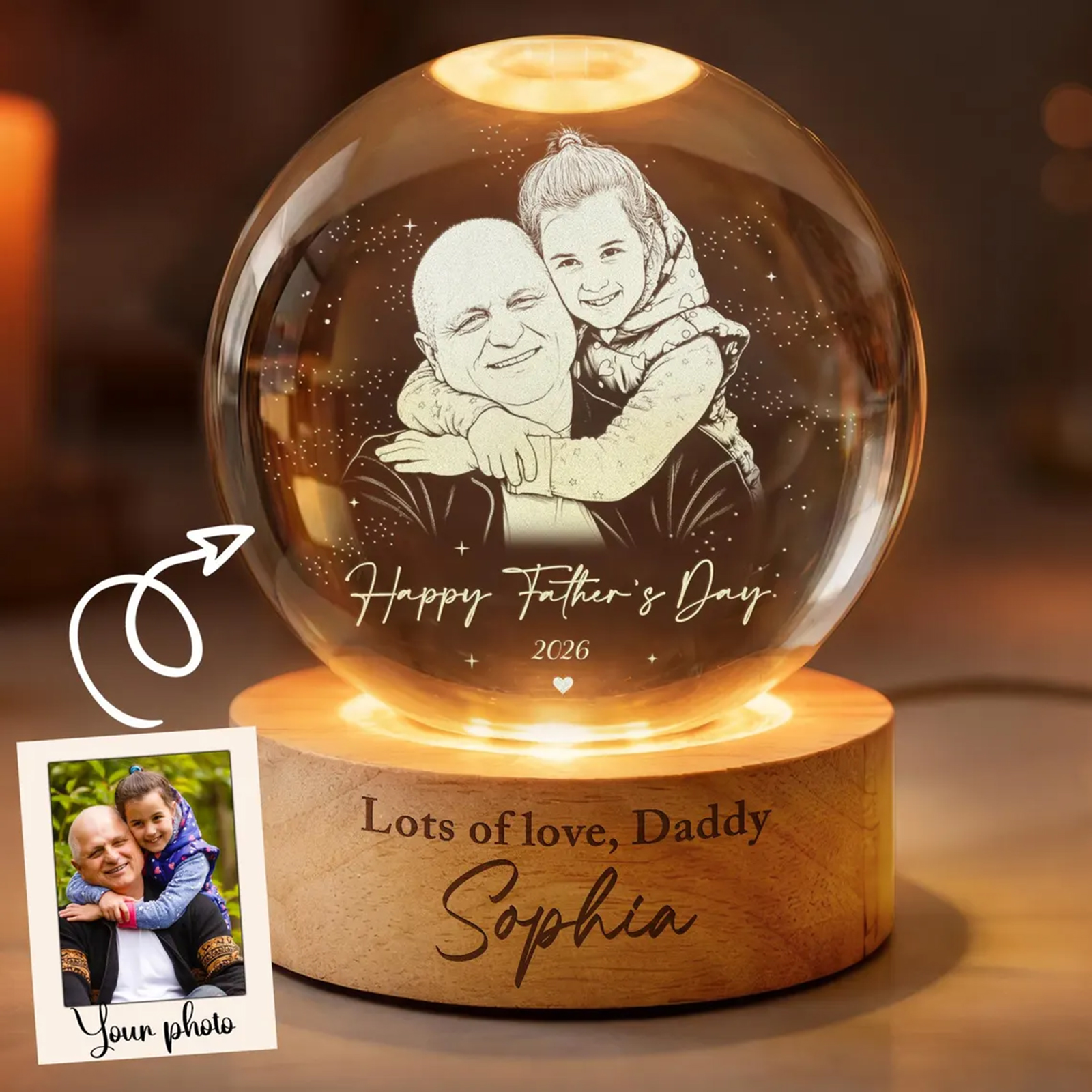Personalized LED Light Gift For Dad, Custom Photo Crystal Ball Light Night