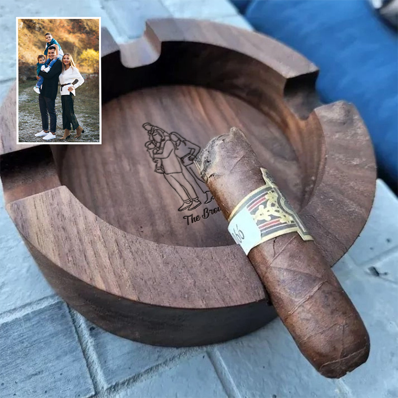 Personalized Dad Family Photo Line Design Walnut Cigar Ash Tray, Unique Gift for Cigar Lovers Family