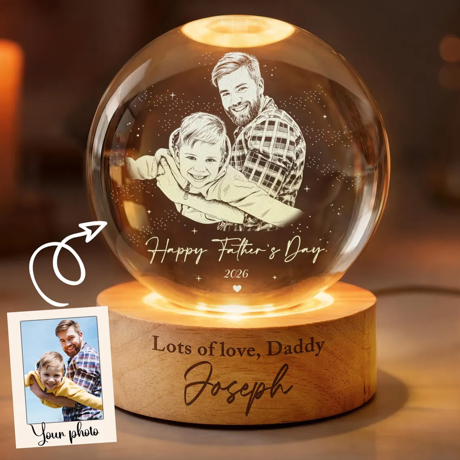 Personalized LED Light Gift For Dad, Custom Photo Crystal Ball Light Night