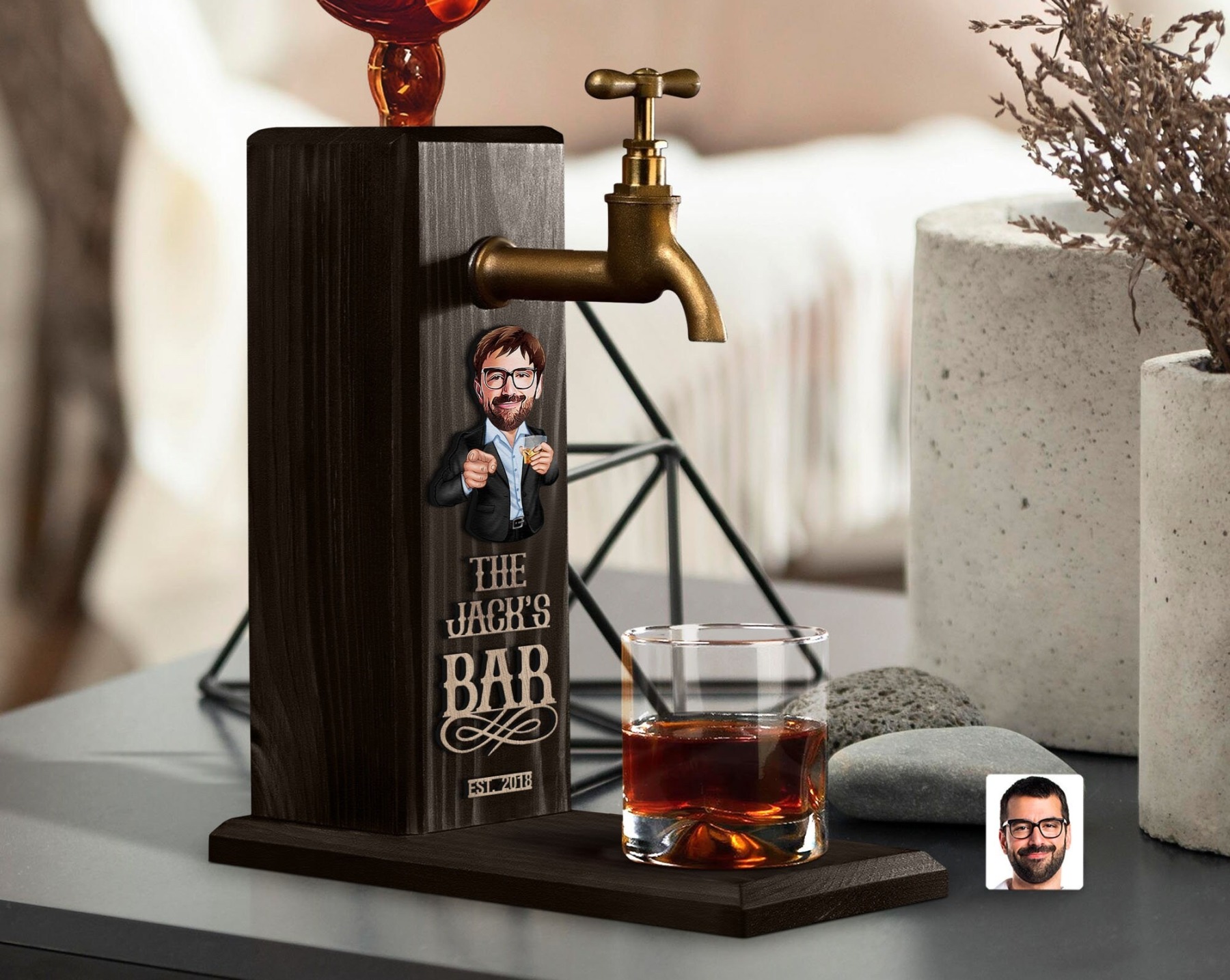 Personalized Embossed Name Wooden Whiskey Dispenser with Cartoon, Bar, Home Bar, Pub and Pub Shed, Wine, Vodka Dispenser, Whiskey Fountain