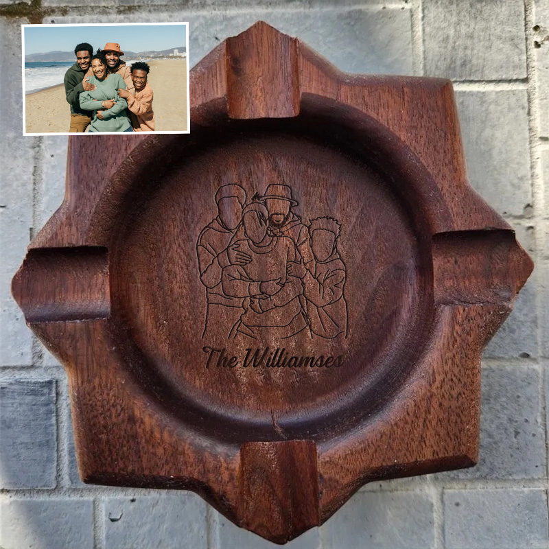 Personalized Dad Family Photo Line Design Walnut Cigar Ash Tray, Unique Gift for Cigar Lovers Family