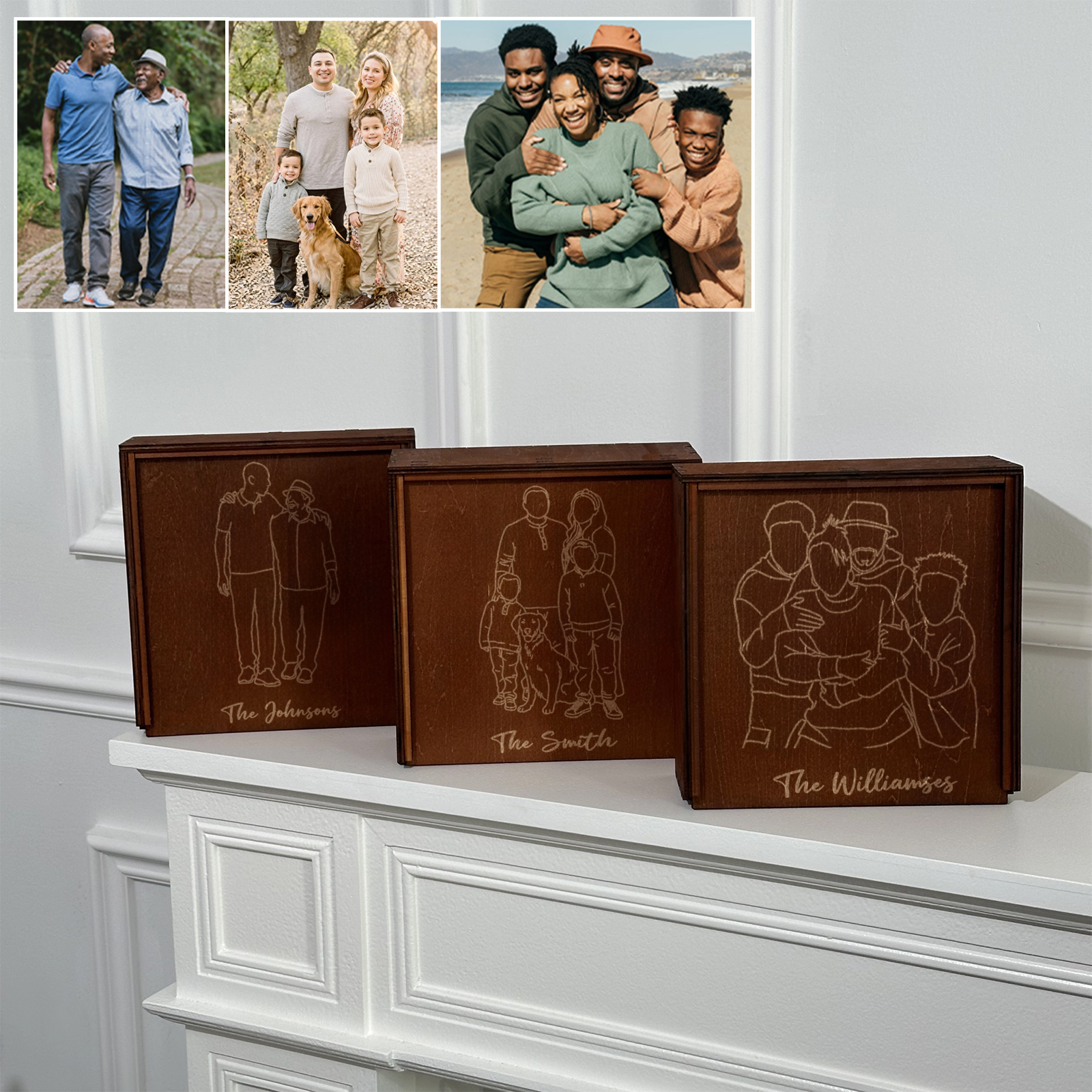Personalized Dad Family Photo Line Design Walnut Cigar Ash Tray Set(Without Cigar)