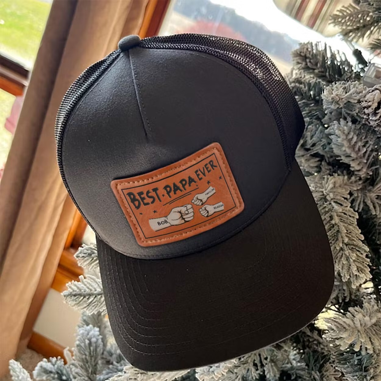 Best Papa Ever - Family Personalized Custom Leather Patch Hat - Gift For Dad, Grandpa