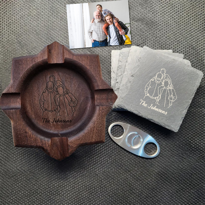 Personalized Dad Family Photo Line Design Walnut Cigar Ash Tray, Unique Gift for Cigar Lovers Family