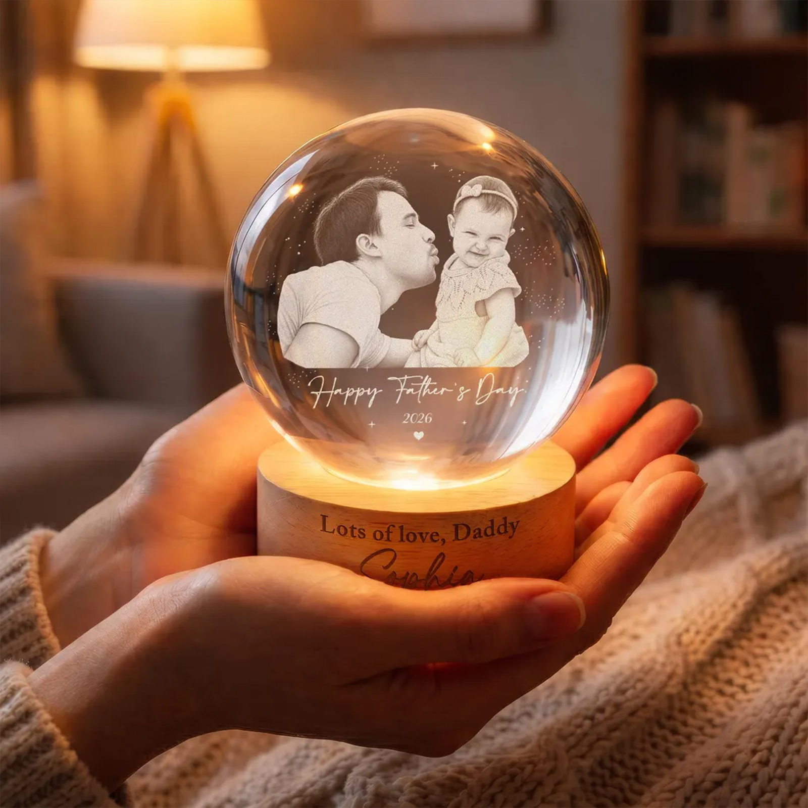 Personalized LED Light Gift For Dad, Custom Photo Crystal Ball Light Night