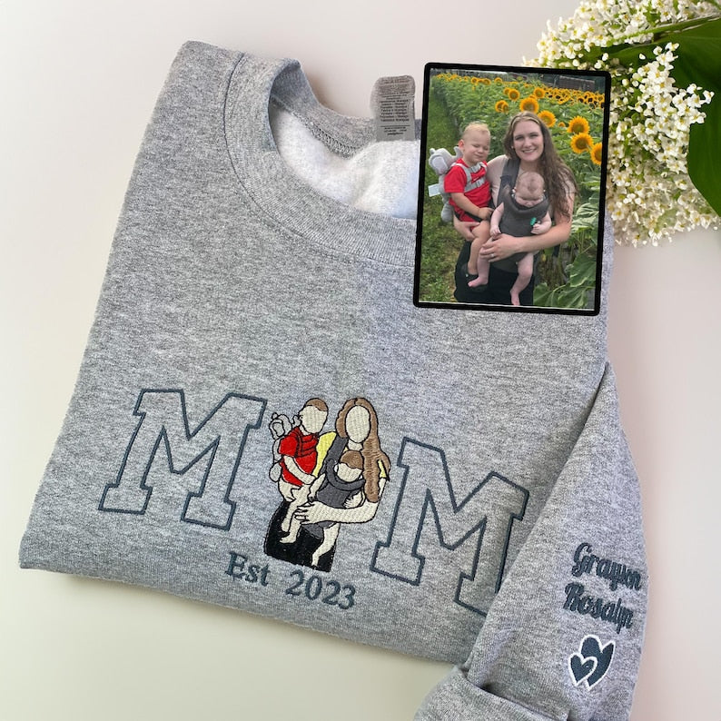 Custom Mama Photo Portrait Embroidery Sweatshirt With Kids Names
