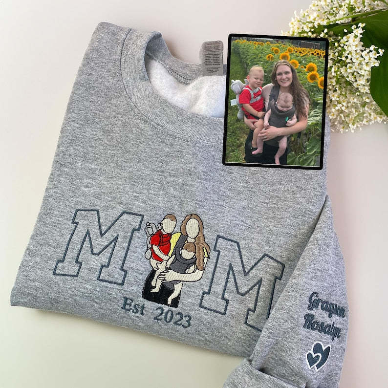 Custom Mama Photo Portrait Embroidery Sweatshirt With Kids Names