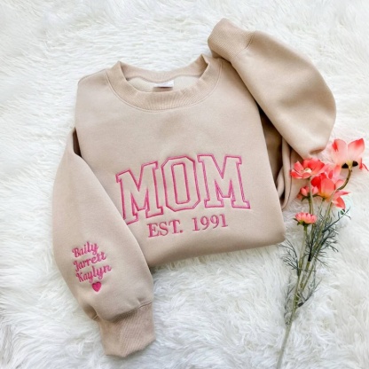 Custom Embroidered Mama Sweatshirt/Hoodie with Kids Names on Sleeve Mother's Day Gift