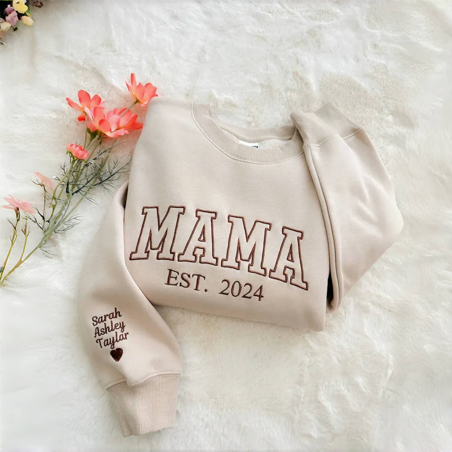 Custom Embroidered Mama Sweatshirt/Hoodie with Kids Names on Sleeve Mother's Day Gift